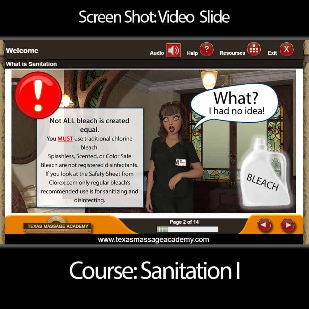 Screen shot of online massage ce course from TexasCEU sanitation